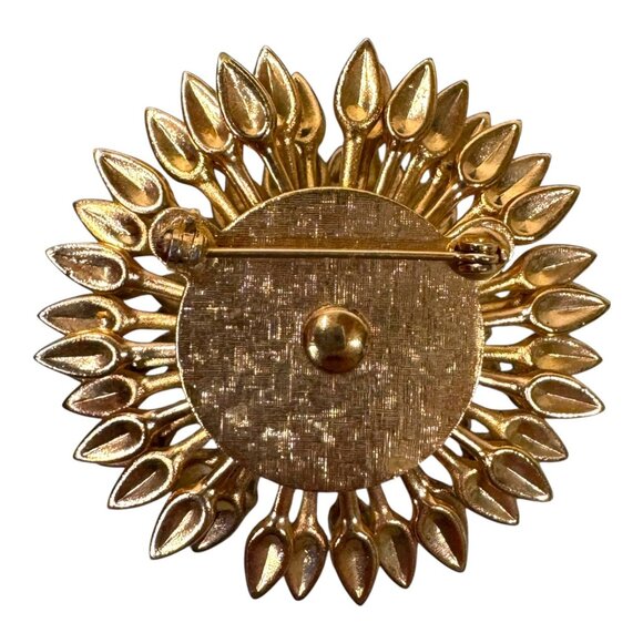 Vtg Gold Tone Enamel Flower Brooch Large Blue Green White Pin Carnation Dahlia - Picture 2 of 5